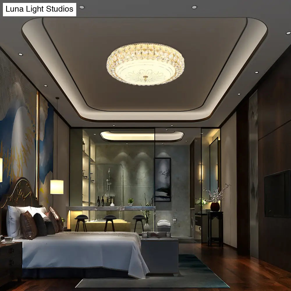 Contemporary Frosted Glass Led Ceiling Light With K9 Crystal In Gold - 12’/16’ Wide
