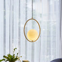 Contemporary Frosted White Glass Globe Pendant Light - Gold Ceiling Lamp With Metal Ring