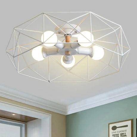 Contemporary Geometric Semi Flush Mount Light With Wire-Cage Shade - 3/4/5 Options