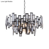 Contemporary Gold/Black Round Bedroom Suspension Light With 6 Crystal Block Bulbs