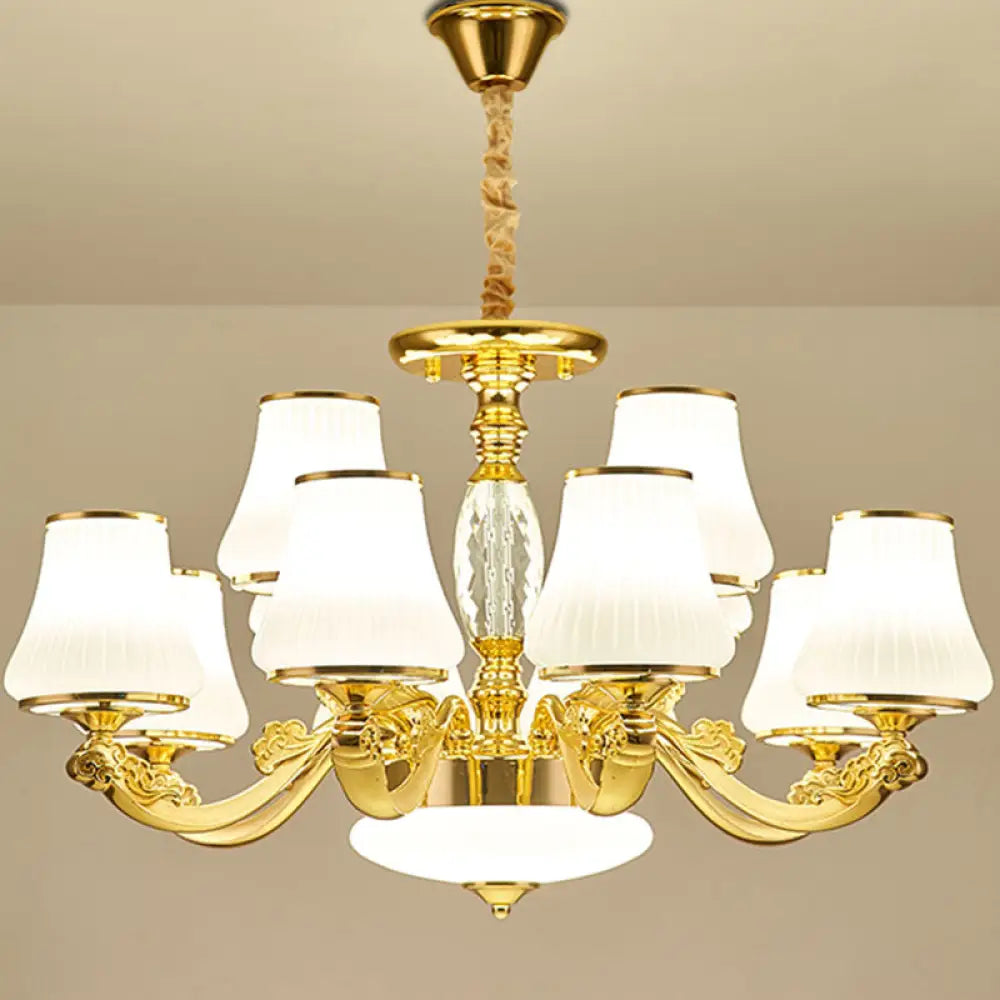 Contemporary Gold Chandelier With White Ribbed Glass Cone Ceiling Lamp 12 /