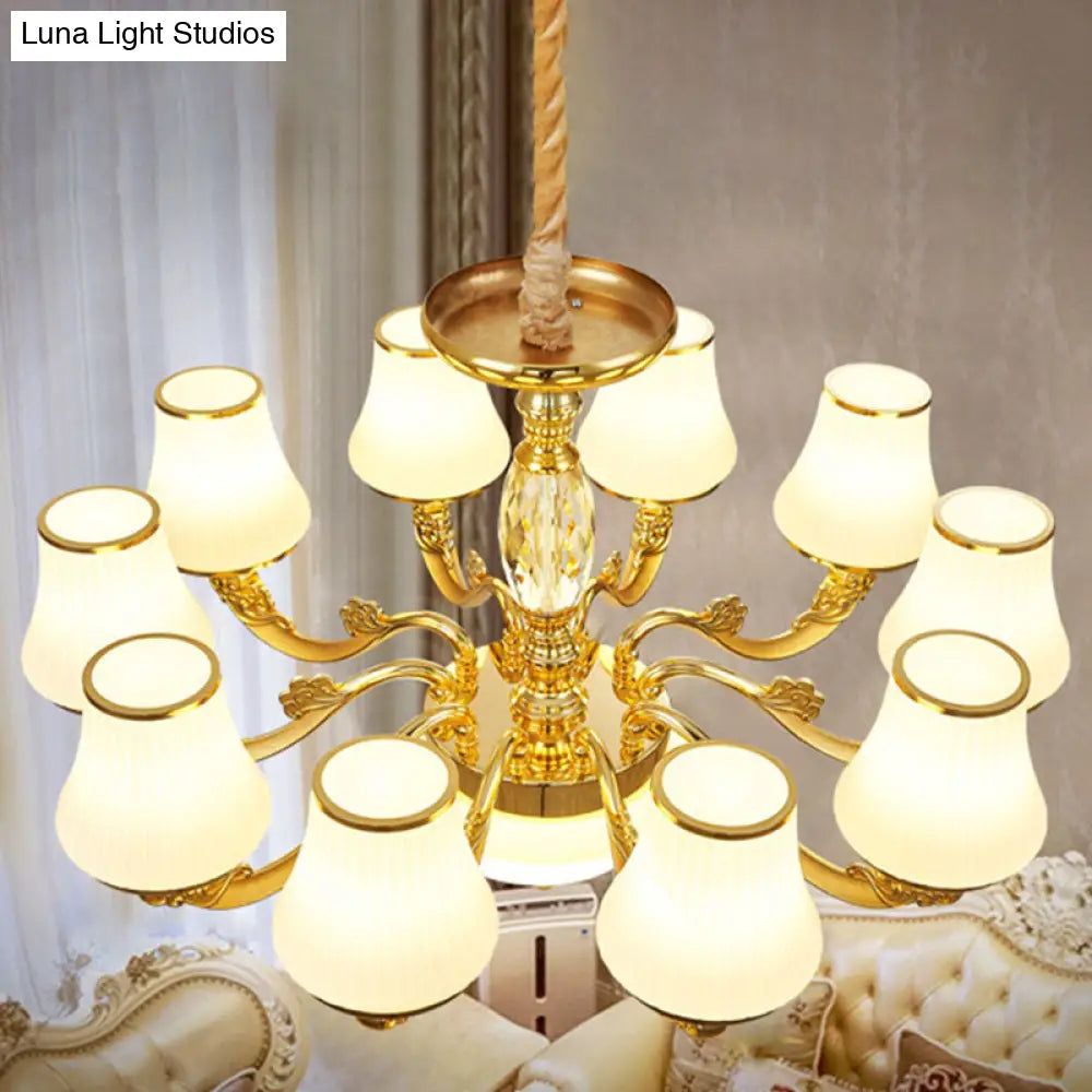 Contemporary Gold Chandelier With White Ribbed Glass Cone Ceiling Lamp