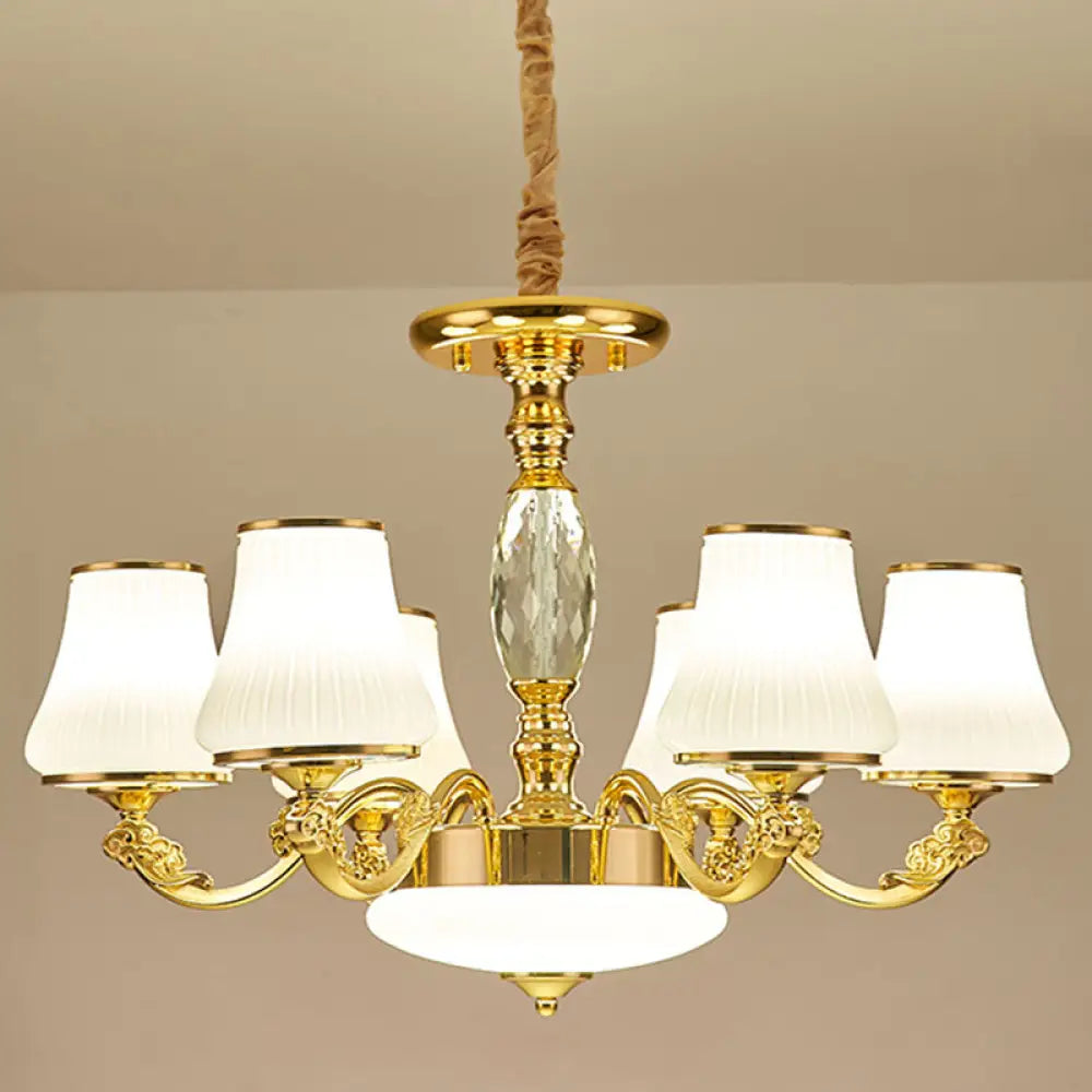 Contemporary Gold Chandelier With White Ribbed Glass Cone Ceiling Lamp 6 /