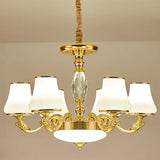 Contemporary Gold Chandelier With White Ribbed Glass Cone Ceiling Lamp 6 /