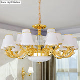 Contemporary Gold Chandelier With White Ribbed Glass Cone Ceiling Lamp