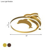 Contemporary Gold/Coffee Dolphin Flush Ceiling Light - Led Acrylic Mount Fixture For Bedroom