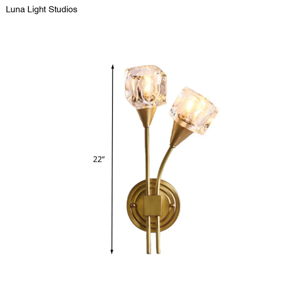 Contemporary Gold Cube Wall Sconce With Clear Crystal Led Lighting Perfect For Living Room
