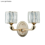 Contemporary Gold Cylinder Crystal Wall Lamp - Beveled Cut 1/2-Head Design Stylish Living Room Mount