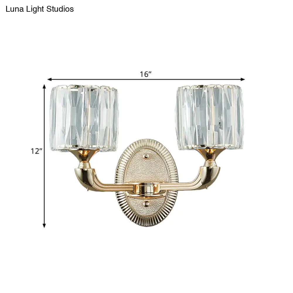 Contemporary Gold Cylinder Crystal Wall Lamp - Beveled Cut 1/2-Head Design Stylish Living Room Mount