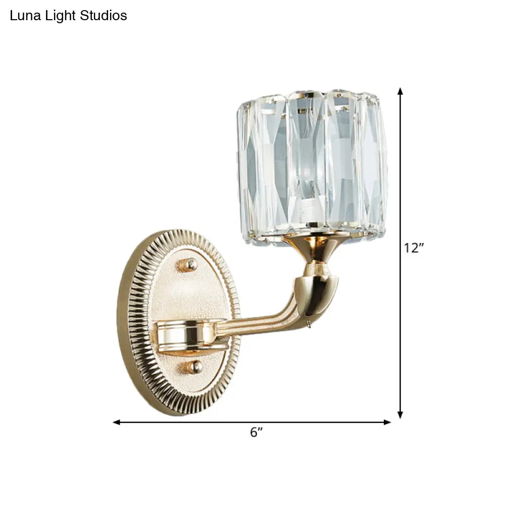 Contemporary Gold Cylinder Crystal Wall Lamp - Beveled Cut 1/2-Head Design Stylish Living Room Mount