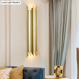Contemporary Gold Cylindrical Wall Lamp With 2 Bulbs 19.5/31.5 Height