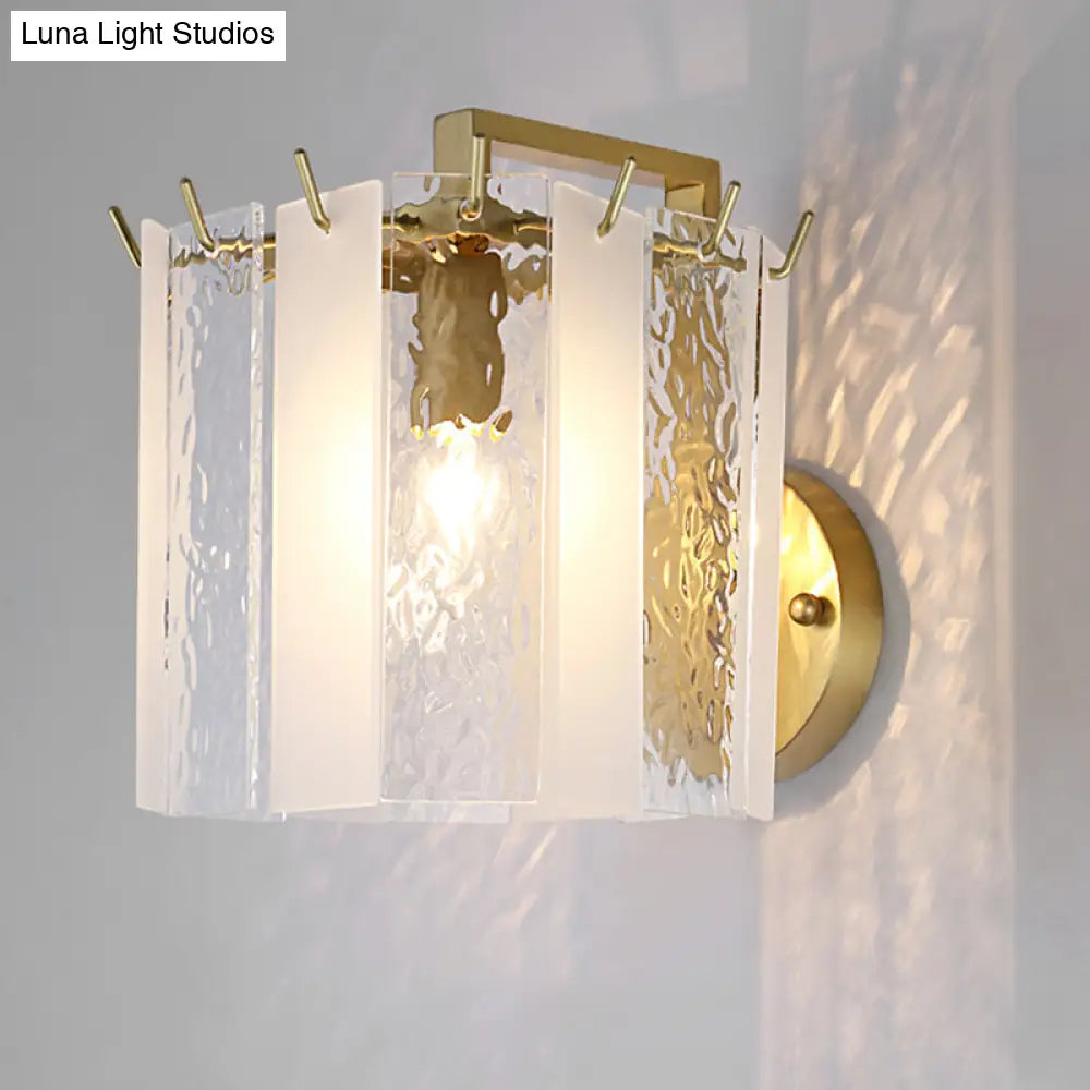 Contemporary Gold Drum Wall Sconce Light With Frosted And Waterglass - 1 Fixture