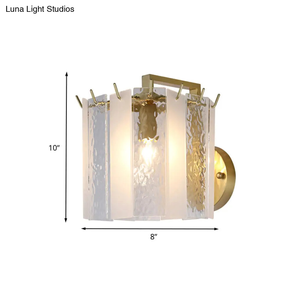 Contemporary Gold Drum Wall Sconce Light With Frosted And Waterglass - 1 Fixture