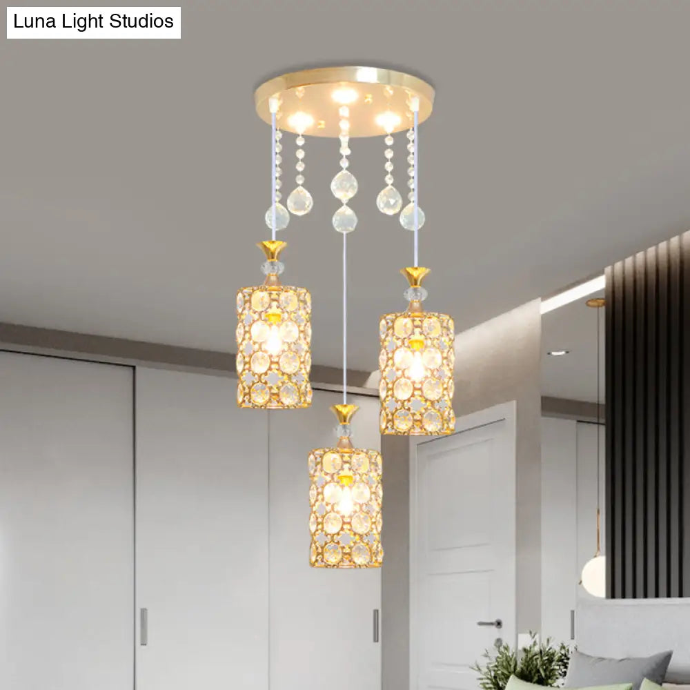 Contemporary Gold Finish Crystal-Encrusted Hanging Lighting With 3 Bulbs
