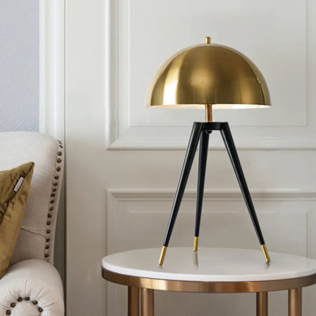 Contemporary Gold Finish Dome Table Lamp With Tripod - 1 Light Metallic For Living Room
