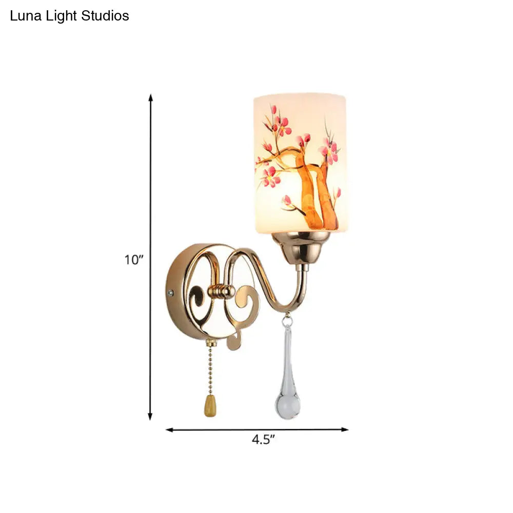 Contemporary Gold Finish Wall Lamp With Cream Glass Shade & Pull Chain