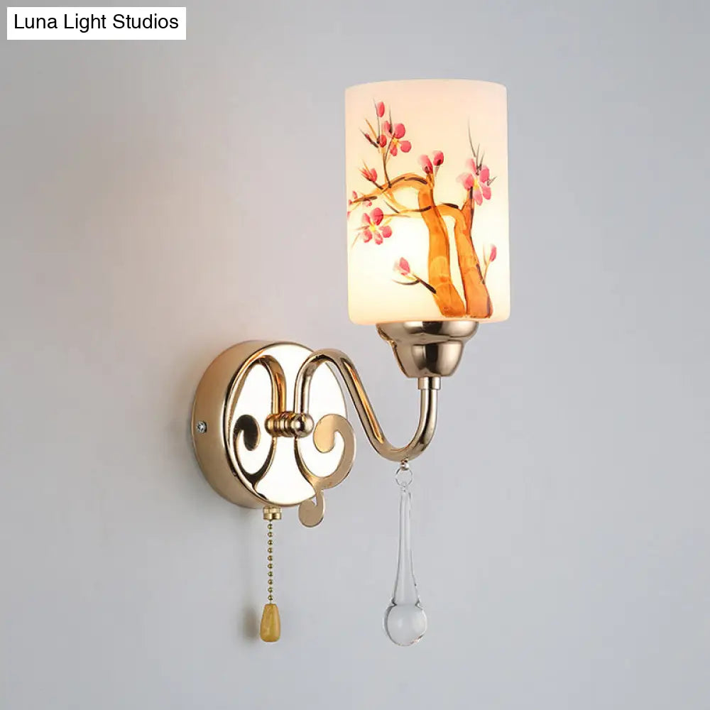 Contemporary Gold Finish Wall Lamp With Cream Glass Shade & Pull Chain