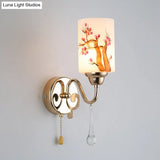 Contemporary Gold Finish Wall Lamp With Cream Glass Shade & Pull Chain
