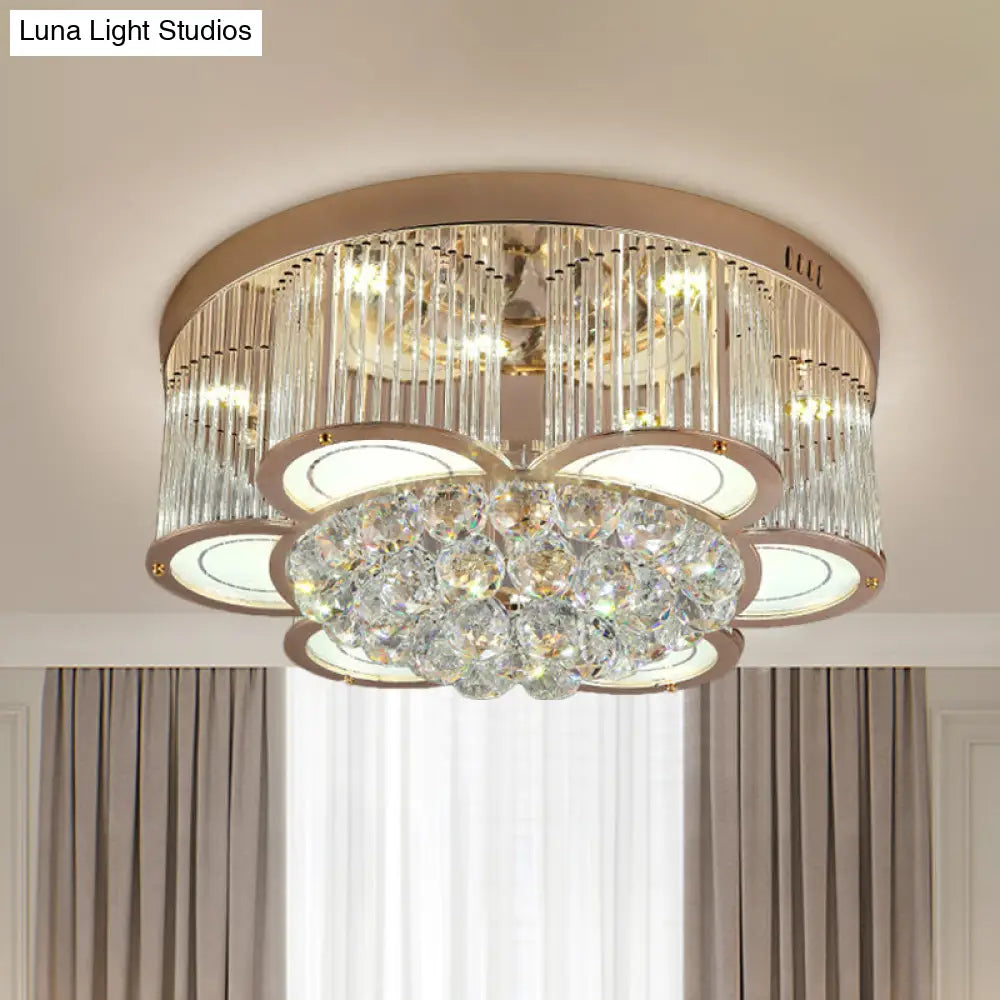 Contemporary Gold Floral Led Ceiling Flush Light With Clear Crystal Fluting