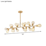 Contemporary Gold Linear Led Island Lighting - 18 Lights Hanging Ceiling Lamp With Ribbing Glass