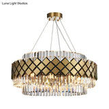 Contemporary Gold Mesh Chandelier - 12-Light Clear Crystal Pendant Light