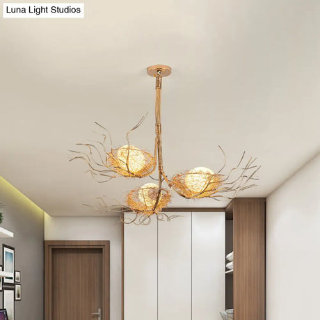 Contemporary Gold Metal Chandelier With Branch Design And 3 Nest & Egg Lights For Study Room
