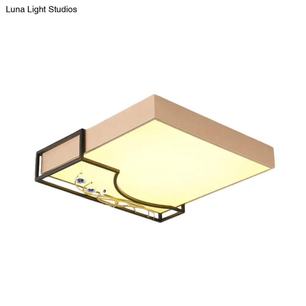 Contemporary Gold Square Flush Mount Led Ceiling Lamp With Elegant Flower Decor