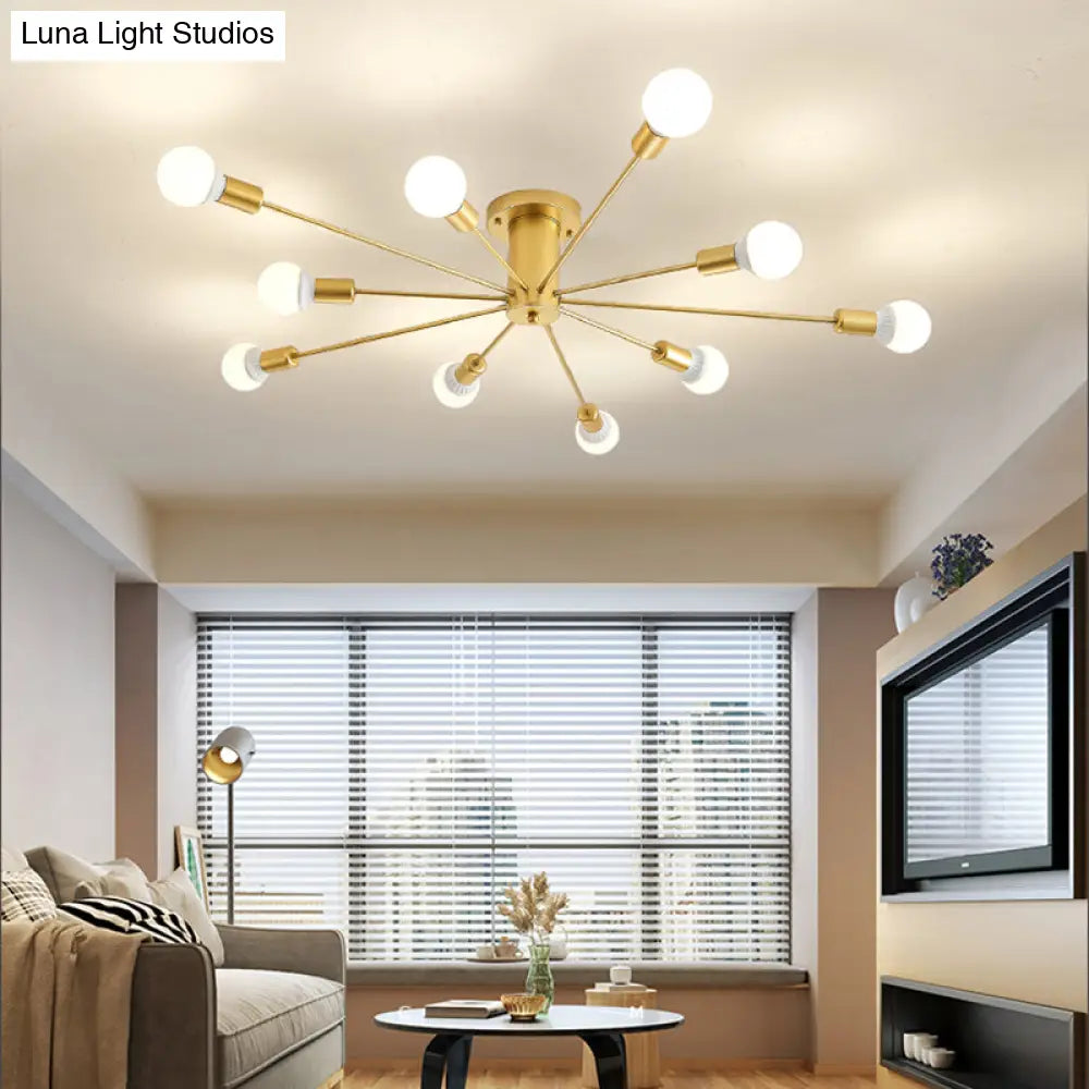 Contemporary Gold Starburst Ceiling Chandelier - Flush Mount Light For Bedroom (6/8/10 Heads)
