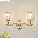 Contemporary Gold Wall Light With Clear Crystal Shade - Modernist 1/2-Head Cylinder Lamp