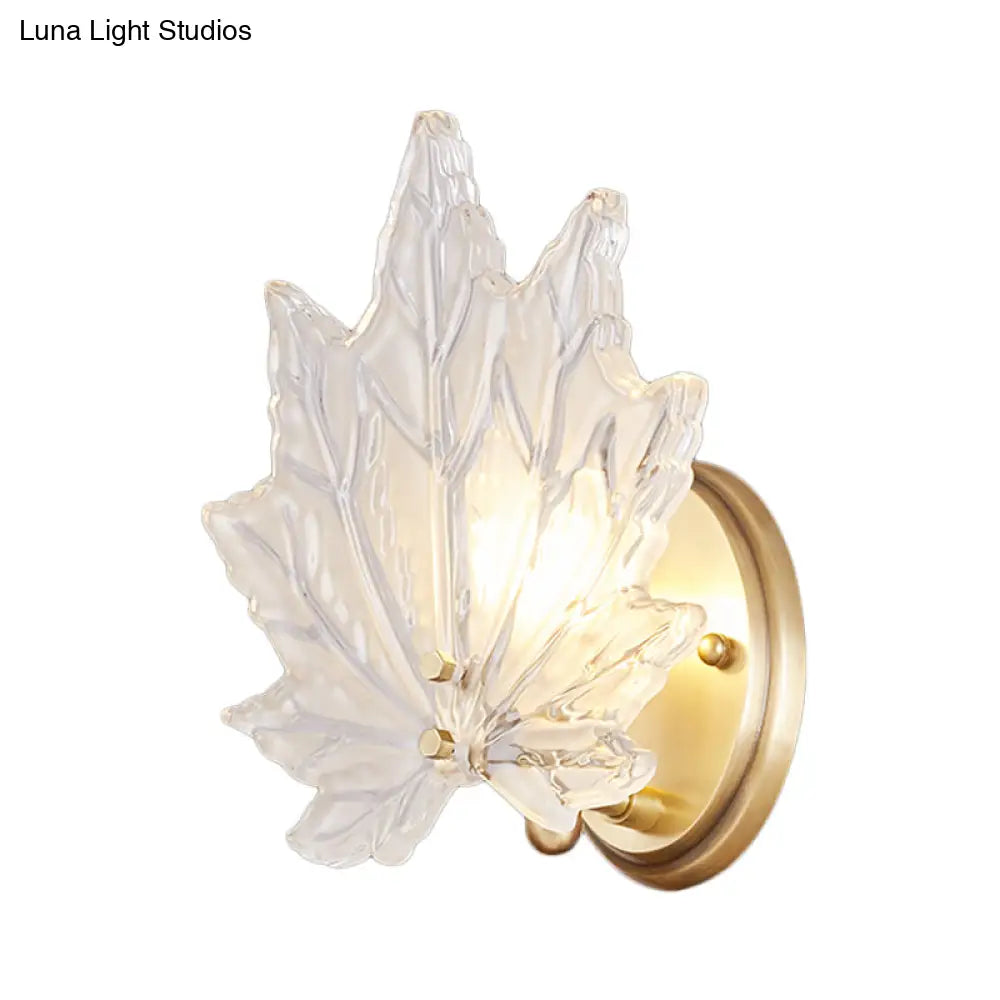 Contemporary Gold Wall Sconce: Maple Leaf Bedroom Light With Clear Crystal 1 Head Fixture