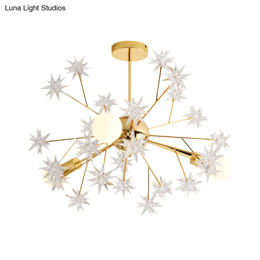 Contemporary Golden Sputnik Chandelier: 3-Light Metal Pendant Lamp With Star Accent