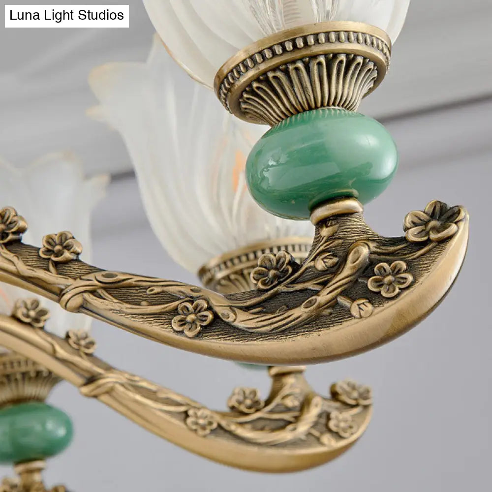 Contemporary Green Chandelier With Frosted Glass Floral Drop Lamp
