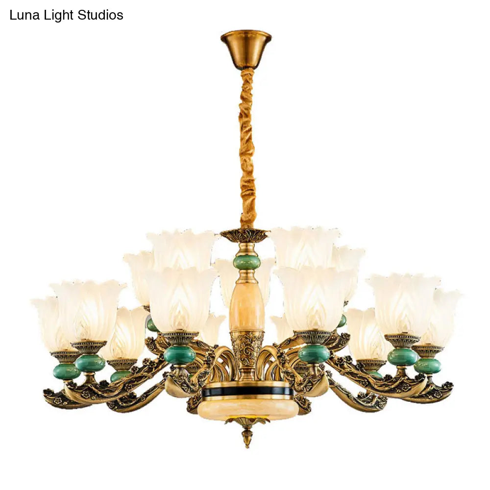 Contemporary Green Chandelier With Frosted Glass Floral Drop Lamp
