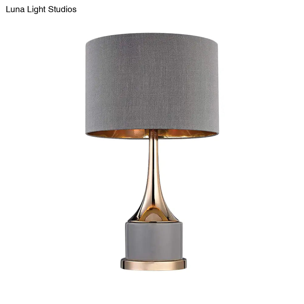 Contemporary Grey/White Cylinder Night Table Light - Fabric Nightstand Lighting For Living Room