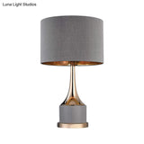 Contemporary Grey/White Cylinder Night Table Light - Fabric Nightstand Lighting For Living Room