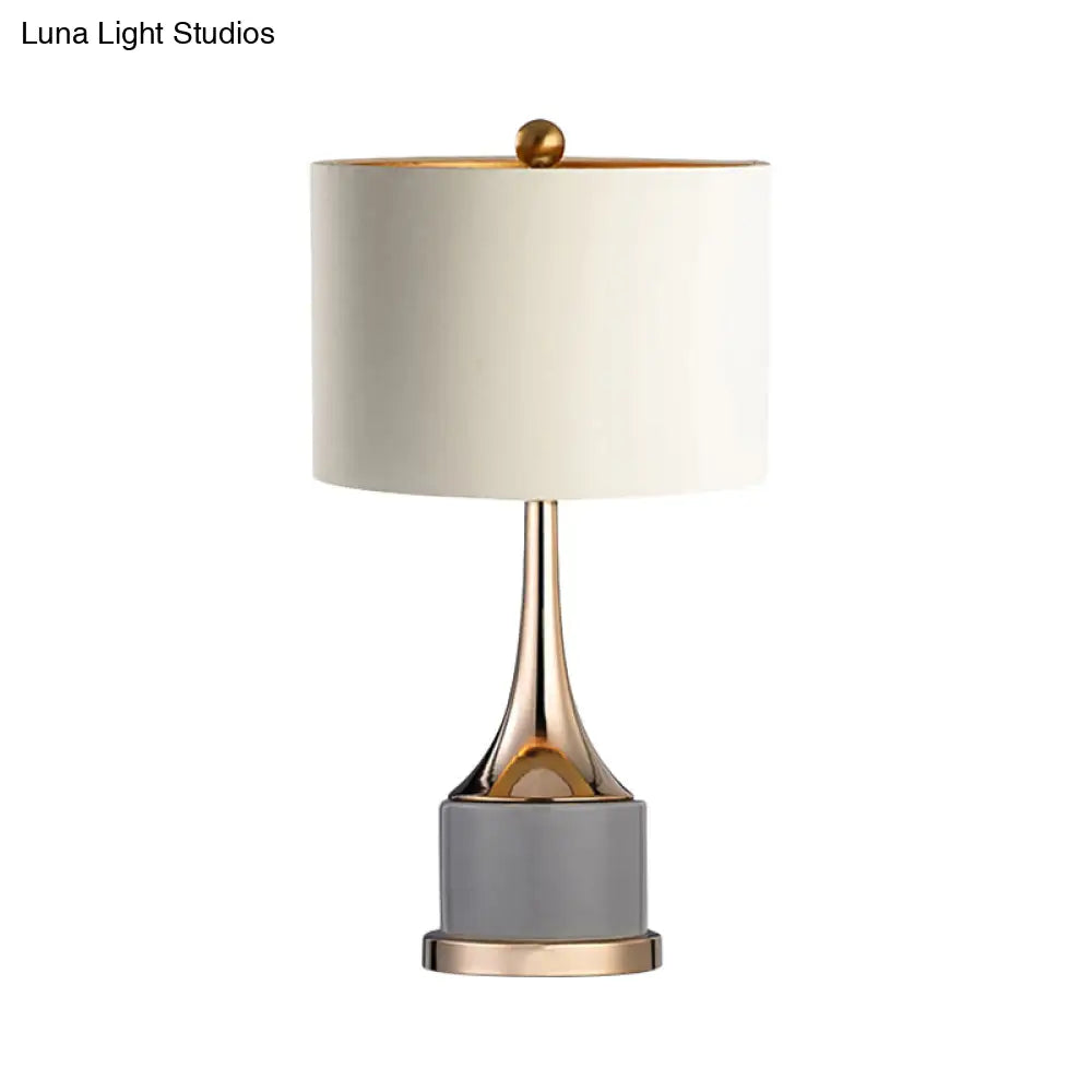Contemporary Grey/White Cylinder Night Table Light - Fabric Nightstand Lighting For Living Room