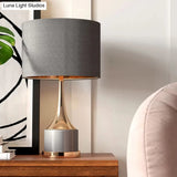 Contemporary Grey/White Cylinder Night Table Light - Fabric Nightstand Lighting For Living Room