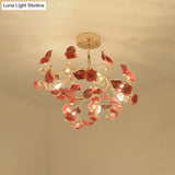 Contemporary K9 Crystal Red Semi Flush Light With Elegant Rose And Leaf Spiral Design 7 Lights