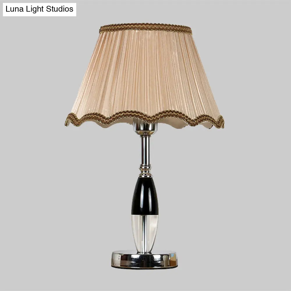 Contemporary K9 Crystal Scalloped Nightstand Lamp: 1-Bulb Beige Night Table Lighting