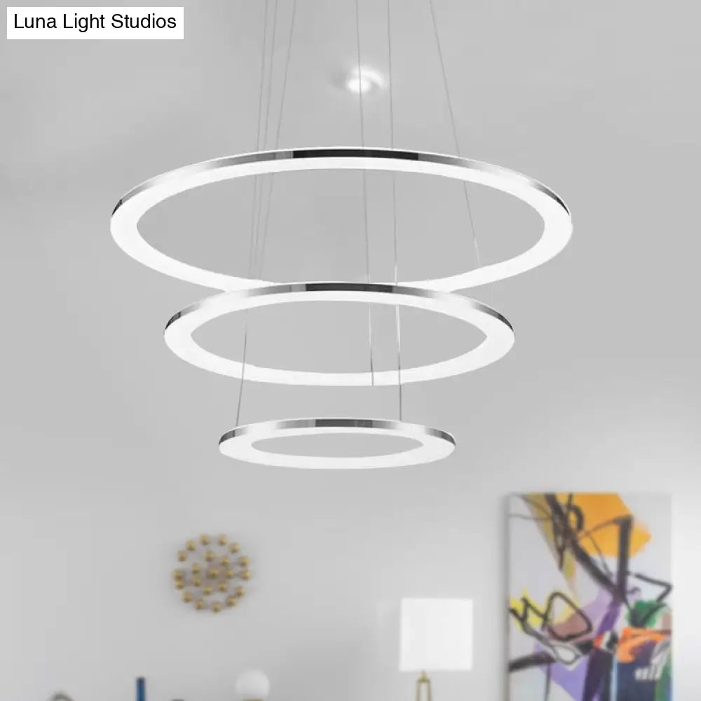 Contemporary Led Acrylic Round Ceiling Pendant Chandelier - 1/2/3-Head Silver Warm/White Light