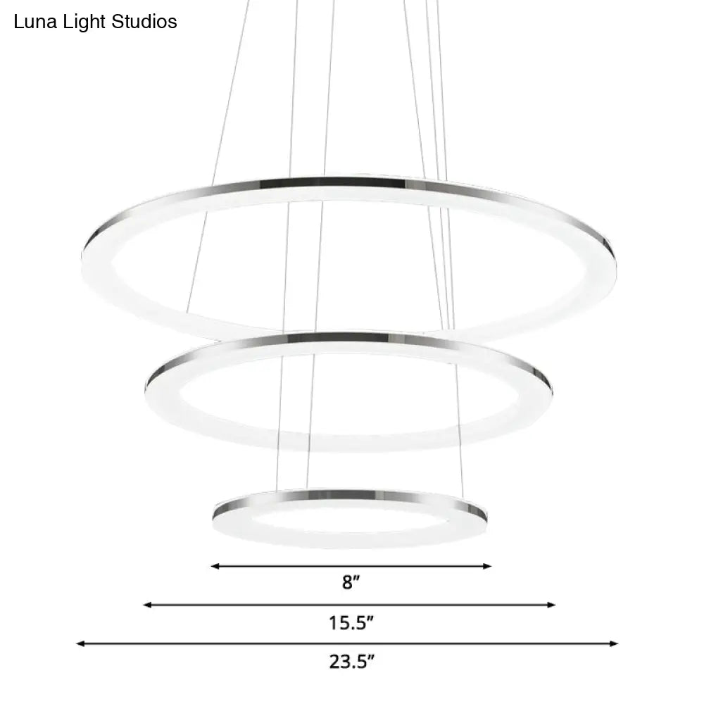 Contemporary Led Acrylic Round Ceiling Pendant Chandelier - 1/2/3-Head Silver Warm/White Light