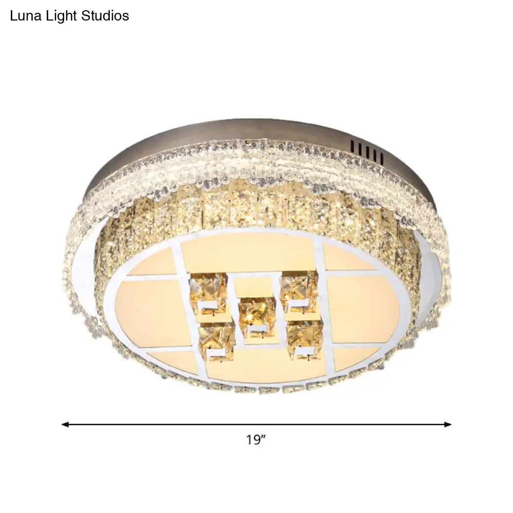 Contemporary Led Bedroom Lighting Fixture - Stainless Steel Flush Mount With Circular Crystal Blocks