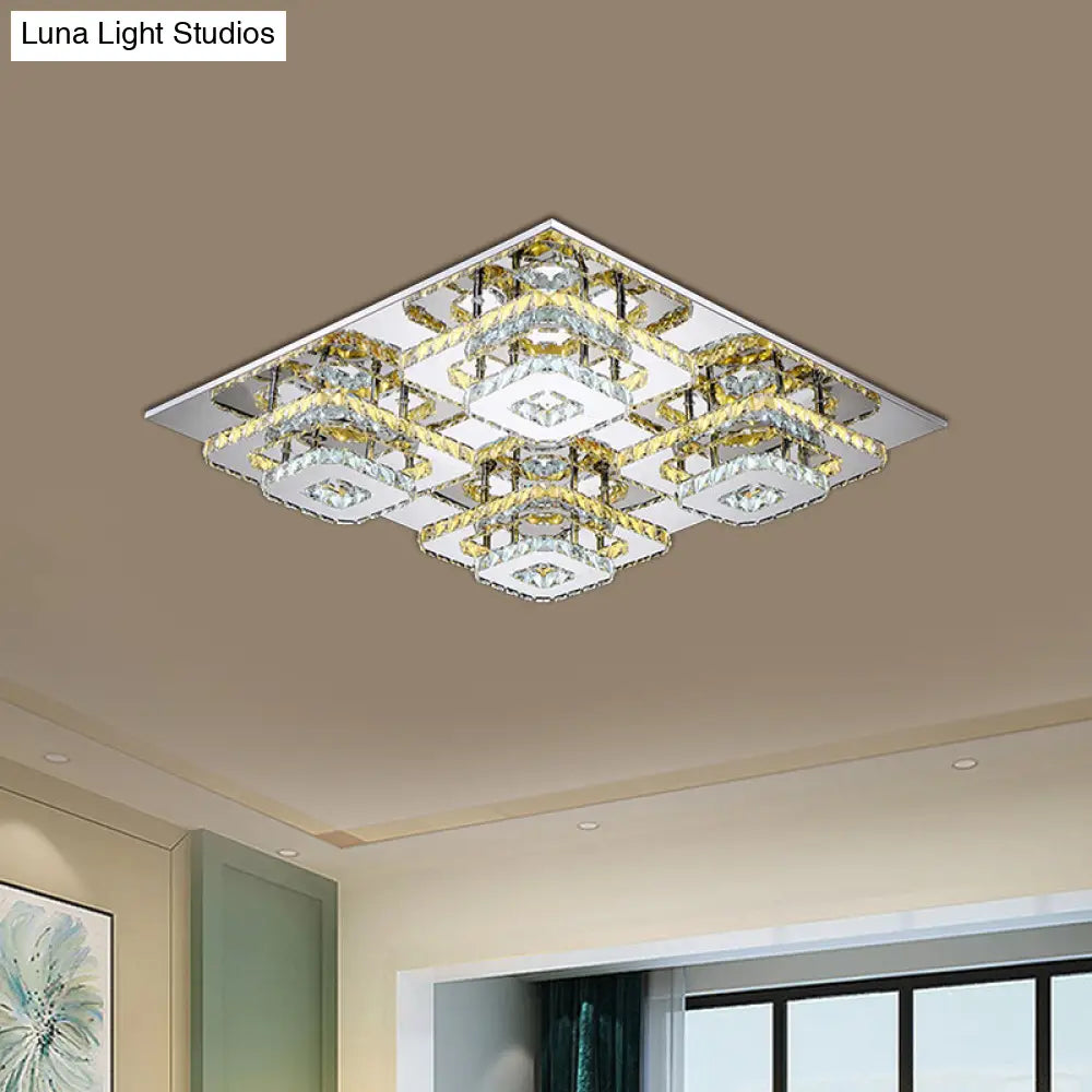 Contemporary Led Ceiling Flush Mount Light With Beveled Crystal Shade - Chrome Finish