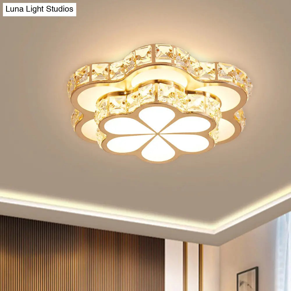 Contemporary Led Crystal Drum/Flower Corridor Flushmount Ceiling Light - White/Gold Finish