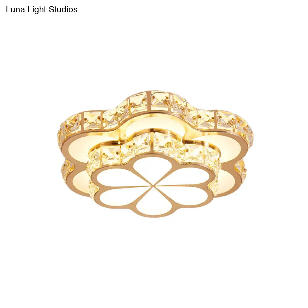 Contemporary Led Crystal Drum/Flower Corridor Flushmount Ceiling Light - White/Gold Finish