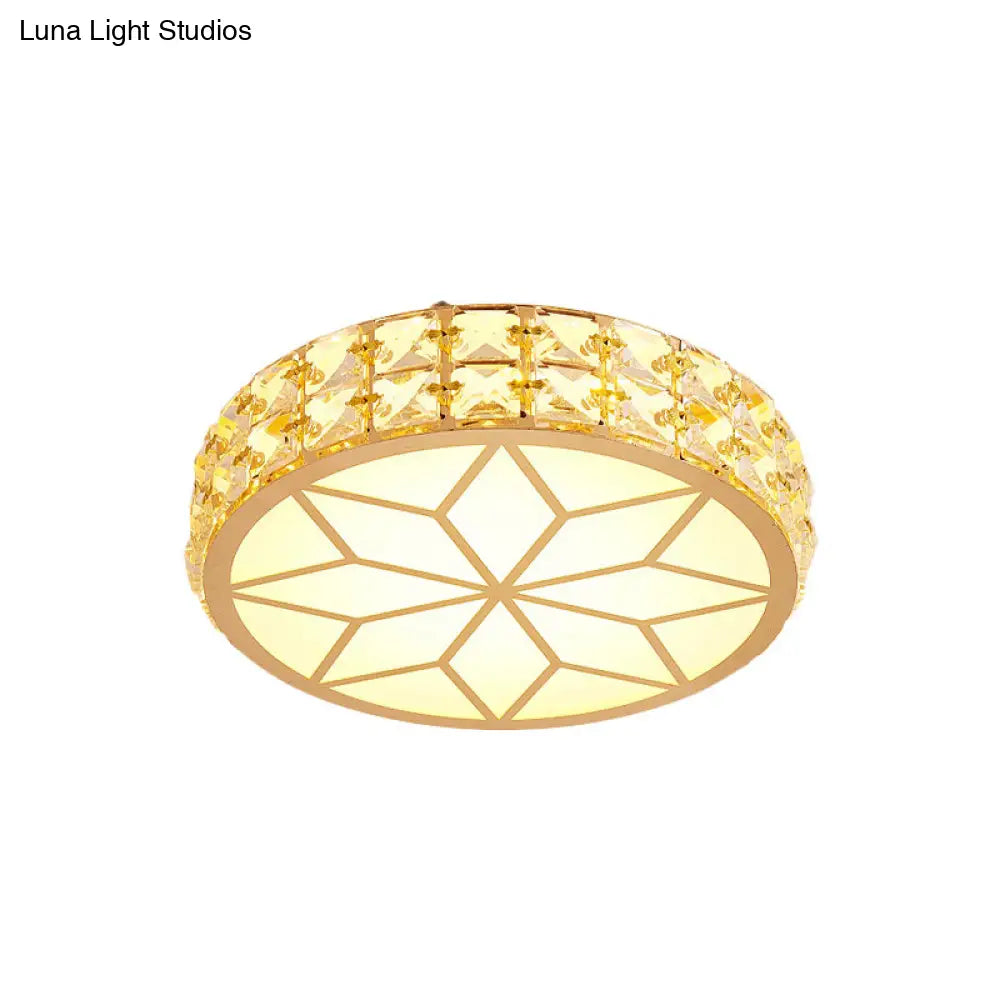 Contemporary Led Crystal Drum/Flower Corridor Flushmount Ceiling Light - White/Gold Finish