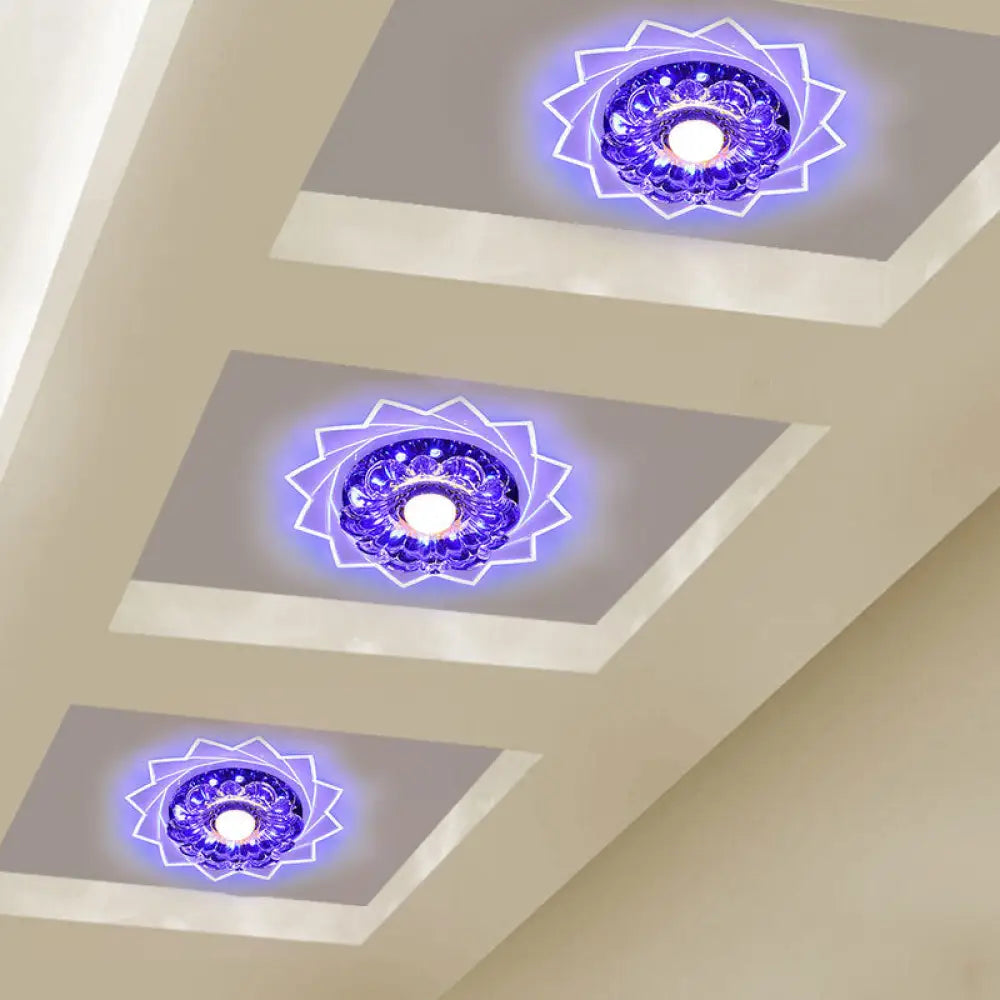 Contemporary Led Crystal Flush Ceiling Light With Floral Corridor Design - Clear / Blue