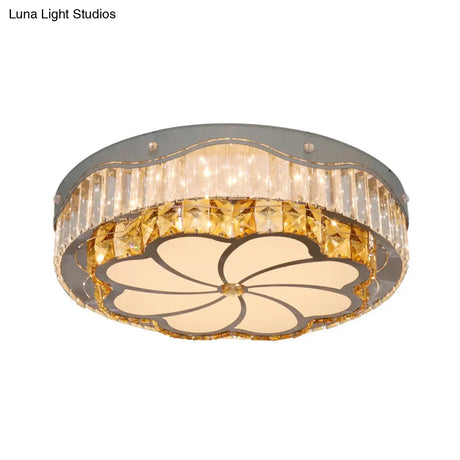 Contemporary Led Crystal Flushmount Ceiling Lamp With Windmill Pattern - Stainless Steel Drum Design
