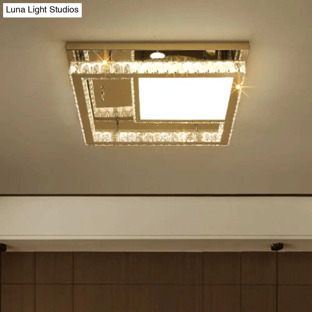 Contemporary Led Crystal Flushmount Ceiling Light - Stainless Steel Square Bedchamber Fixture