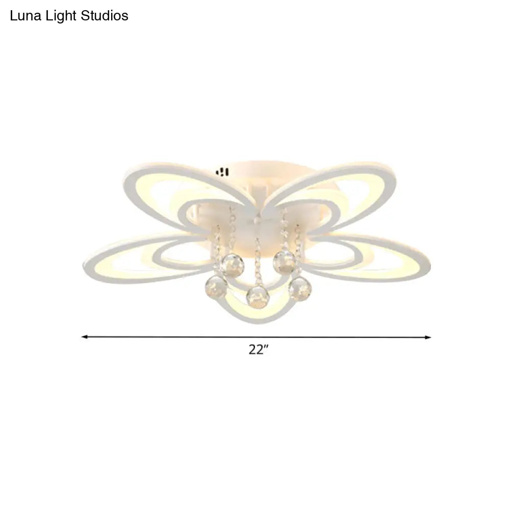 Contemporary Led Flush Ceiling Lamp In White - Acrylic And Crystal Semi Mount Lighting